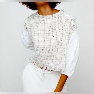 Zara White and Cream Textured Blouse